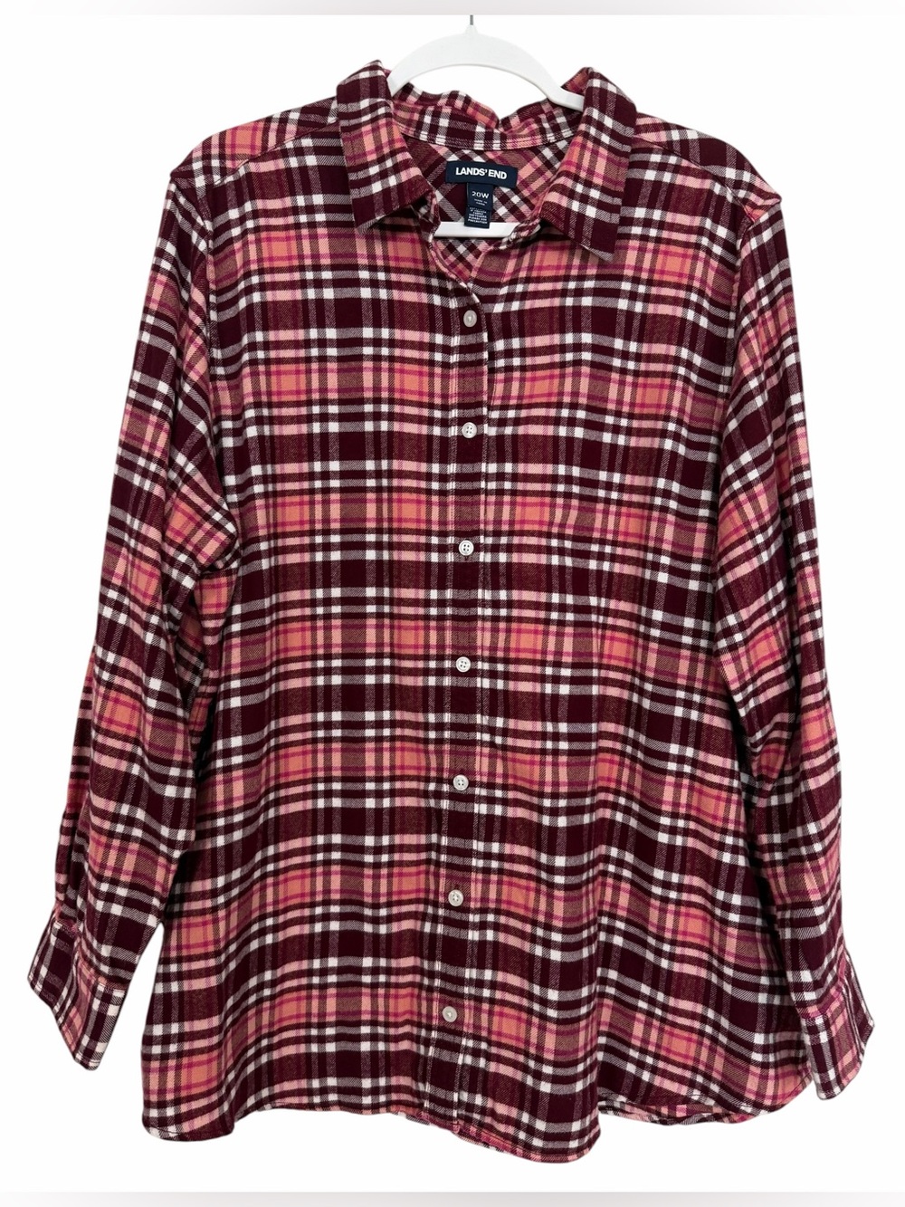 Lands’ End Women’s Flannel Button Front Shirt Maroon Pink Plaid Size 20W